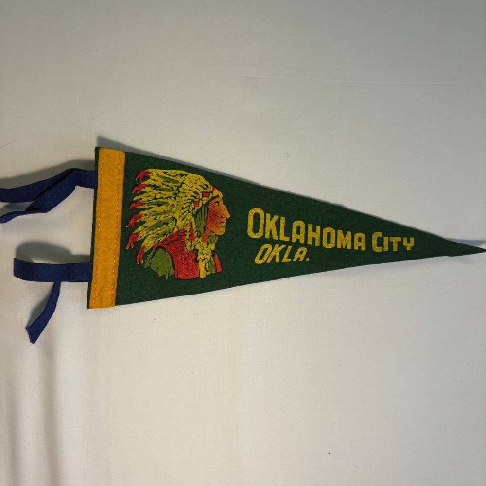 Vintage 1940s Oklahoma City Okla Felt Pennant Native American Chief Green 12in